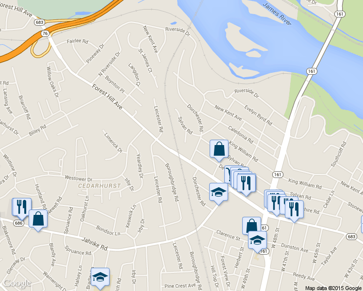 map of restaurants, bars, coffee shops, grocery stores, and more near 5202 Sylvan Court in Richmond