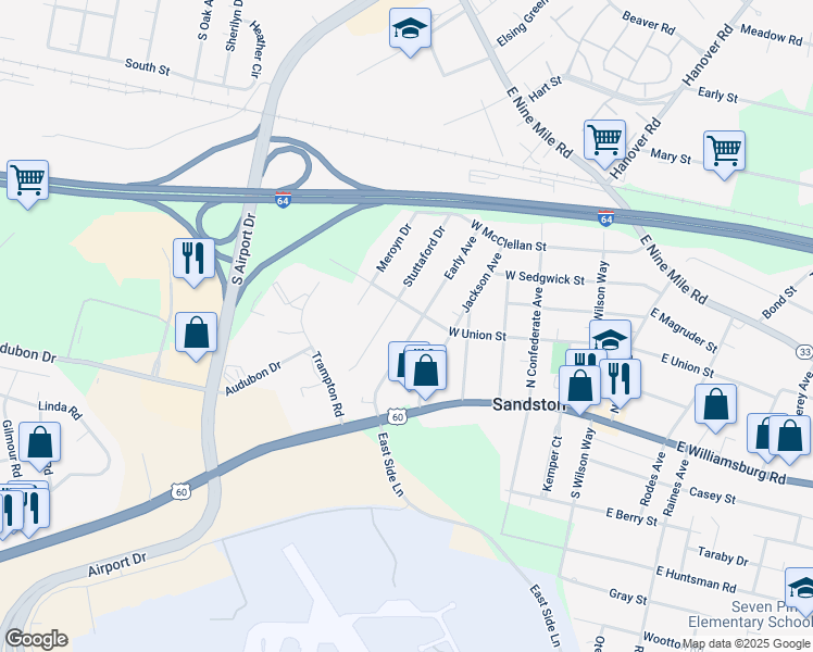 map of restaurants, bars, coffee shops, grocery stores, and more near 111 Early Avenue in Sandston
