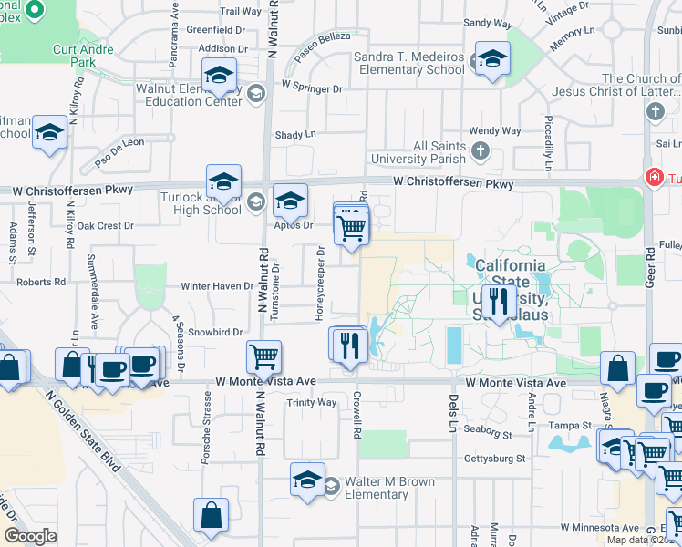 map of restaurants, bars, coffee shops, grocery stores, and more near 3791 Crowell Road in Turlock