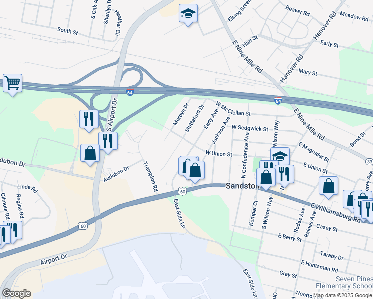 map of restaurants, bars, coffee shops, grocery stores, and more near 111 Early Avenue in Sandston