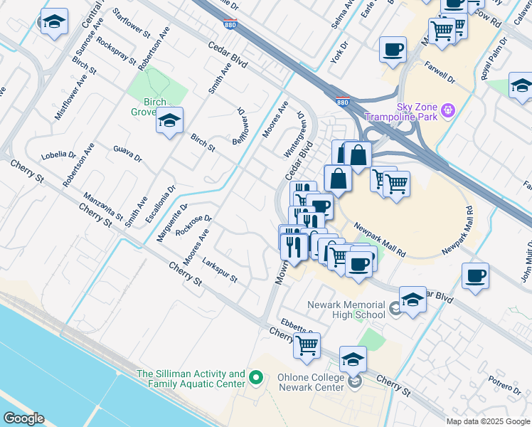 map of restaurants, bars, coffee shops, grocery stores, and more near 38801 Bluegrass Court in Newark