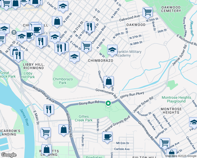 map of restaurants, bars, coffee shops, grocery stores, and more near 3805 Glenwood Avenue in Richmond