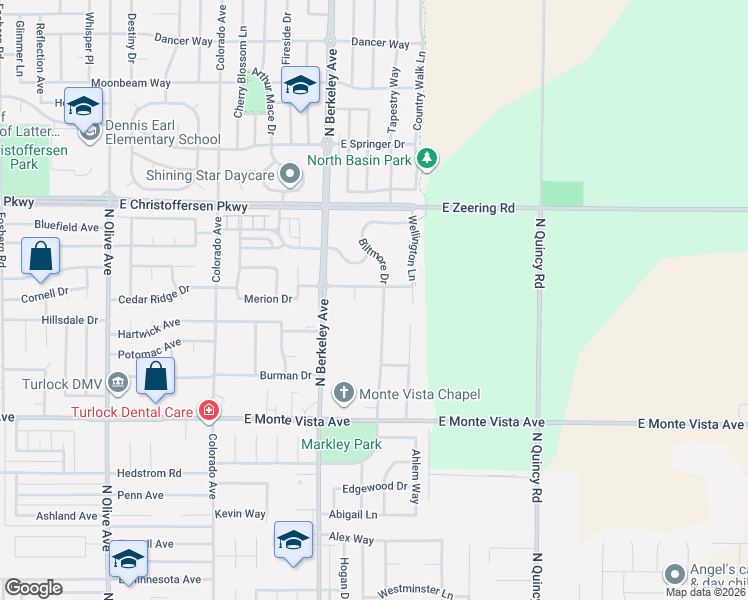map of restaurants, bars, coffee shops, grocery stores, and more near 3650 Brookstone Drive in Turlock