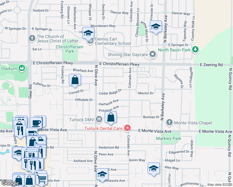 map of restaurants, bars, coffee shops, grocery stores, and more near 1023 Hartwick Avenue in Turlock