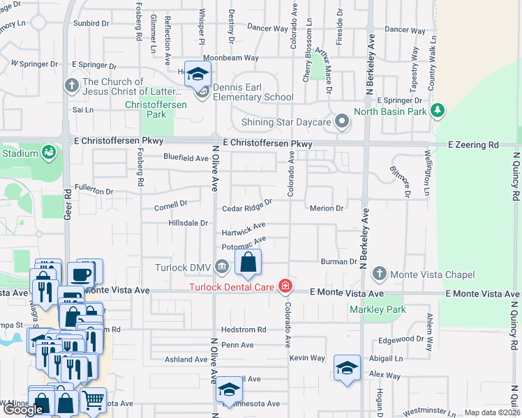 map of restaurants, bars, coffee shops, grocery stores, and more near 1023 Hartwick Avenue in Turlock