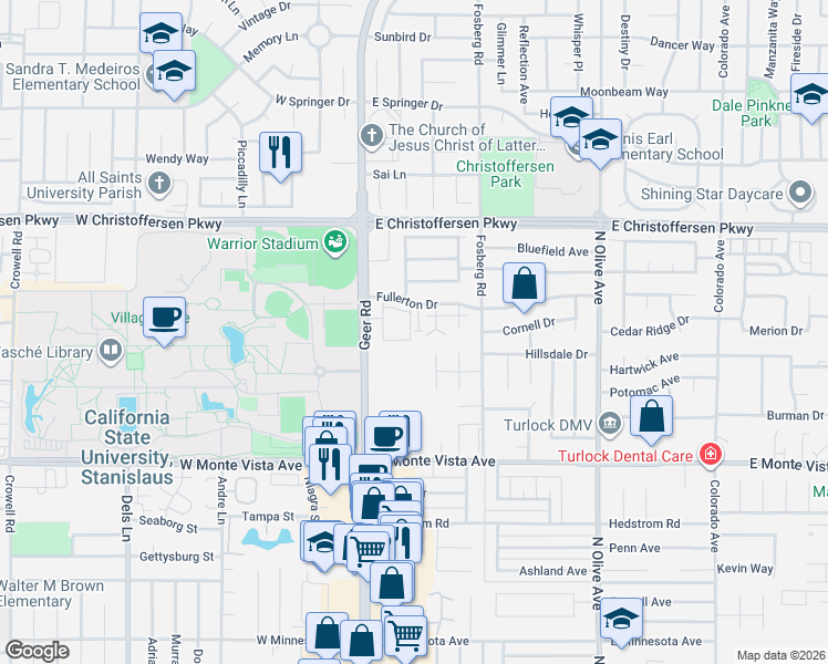 map of restaurants, bars, coffee shops, grocery stores, and more near 3609 Nicole Court in Turlock