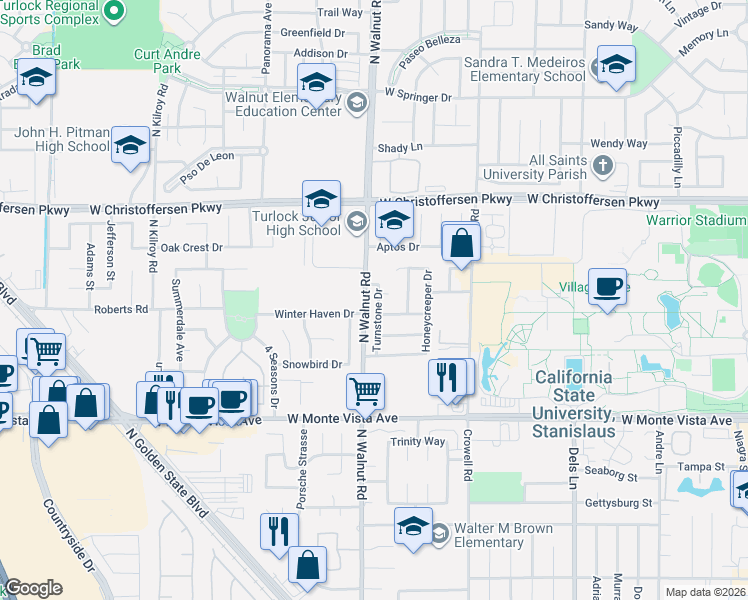 map of restaurants, bars, coffee shops, grocery stores, and more near 3681 Turnstone Drive in Turlock