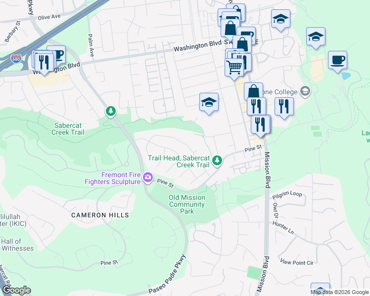 map of restaurants, bars, coffee shops, grocery stores, and more near 43657 Excelso Drive in Fremont