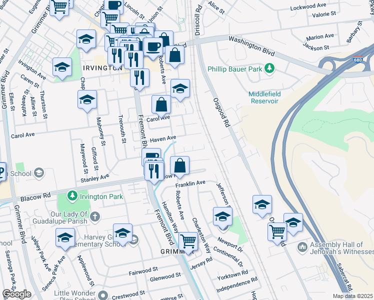 map of restaurants, bars, coffee shops, grocery stores, and more near 3750 Ronald Court in Fremont