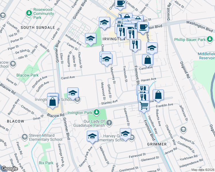 map of restaurants, bars, coffee shops, grocery stores, and more near 41732 Gifford Street in Fremont