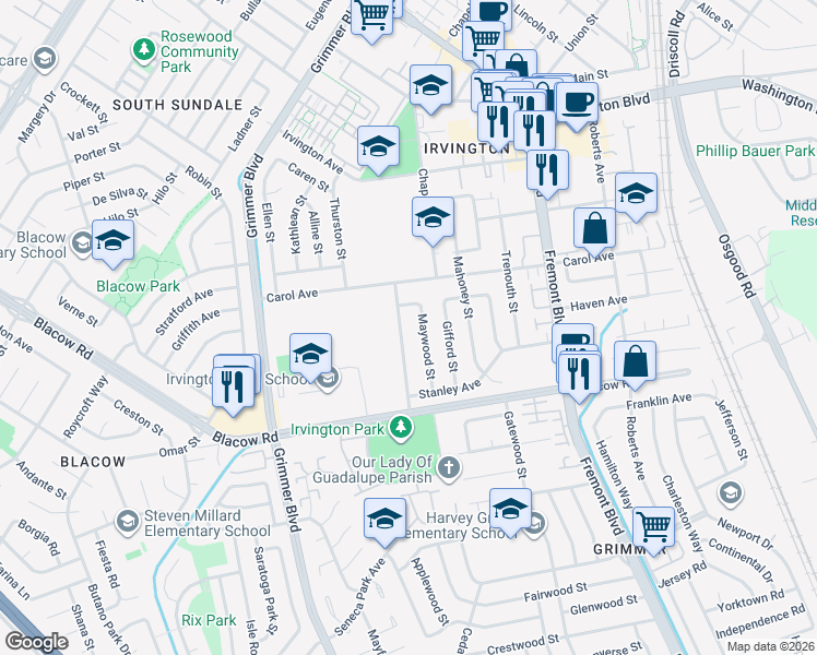 map of restaurants, bars, coffee shops, grocery stores, and more near 41731 Maywood Street in Fremont