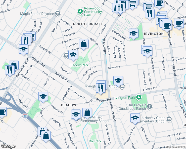 map of restaurants, bars, coffee shops, grocery stores, and more near 4746 Griffith Avenue in Fremont