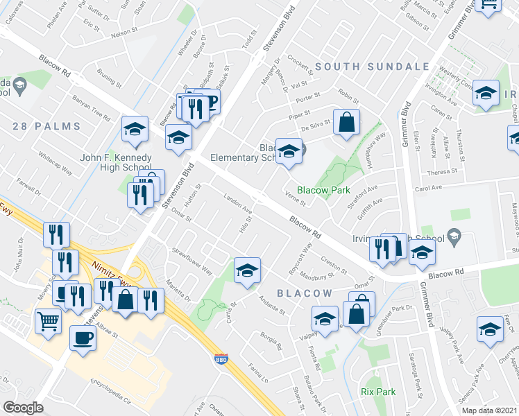 map of restaurants, bars, coffee shops, grocery stores, and more near 40428 Landon Avenue in Fremont