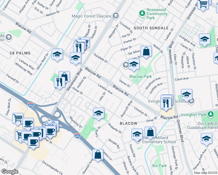 map of restaurants, bars, coffee shops, grocery stores, and more near 40428 Landon Avenue in Fremont