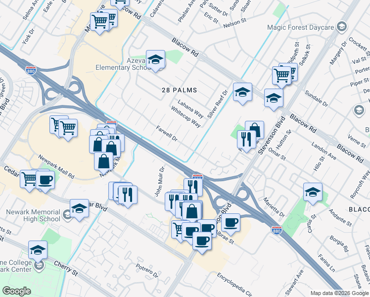 map of restaurants, bars, coffee shops, grocery stores, and more near 5681 Dewey Place in Fremont