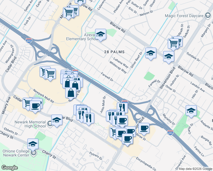 map of restaurants, bars, coffee shops, grocery stores, and more near 5685 Roosevelt Place in Fremont