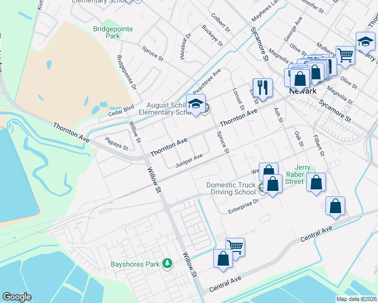 map of restaurants, bars, coffee shops, grocery stores, and more near 8204 Juniper Avenue in Newark