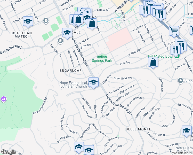 map of restaurants, bars, coffee shops, grocery stores, and more near 4100 Alameda de las Pulgas in San Mateo