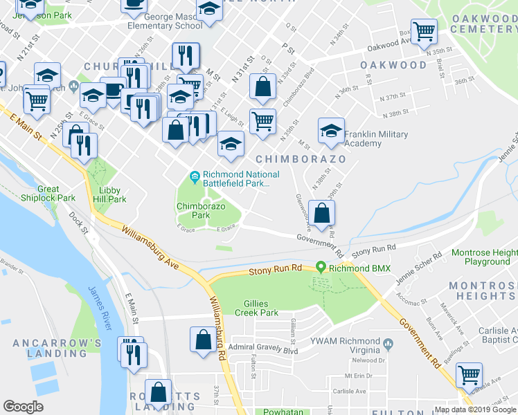 map of restaurants, bars, coffee shops, grocery stores, and more near 3622 East Broad Street in Richmond