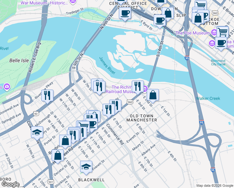map of restaurants, bars, coffee shops, grocery stores, and more near 400 Bainbridge Street in Richmond