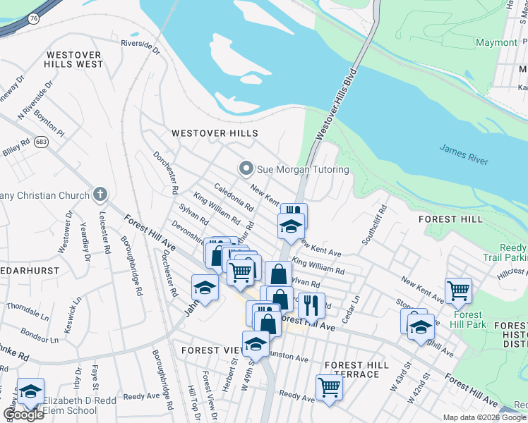 map of restaurants, bars, coffee shops, grocery stores, and more near 5017 Caledonia Road in Richmond