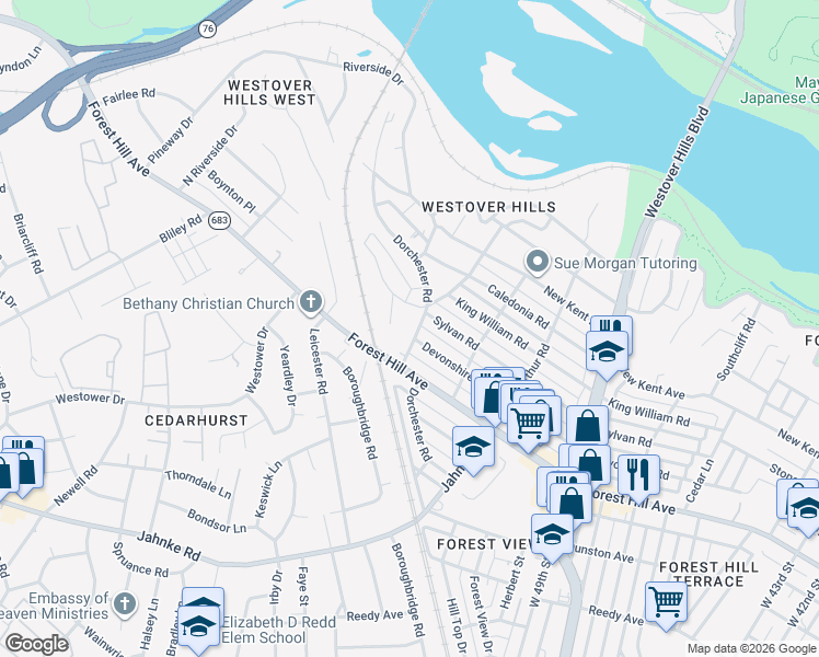 map of restaurants, bars, coffee shops, grocery stores, and more near 5222 Devonshire Road in Richmond