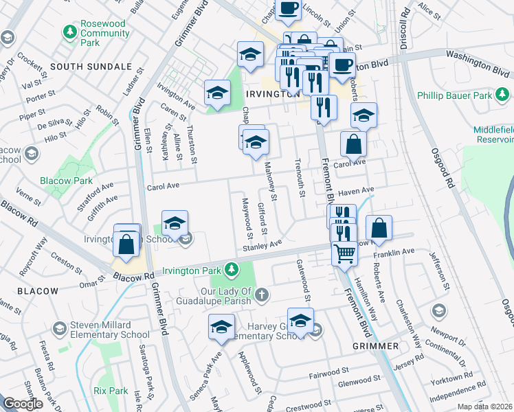 map of restaurants, bars, coffee shops, grocery stores, and more near 41732 Gifford Street in Fremont