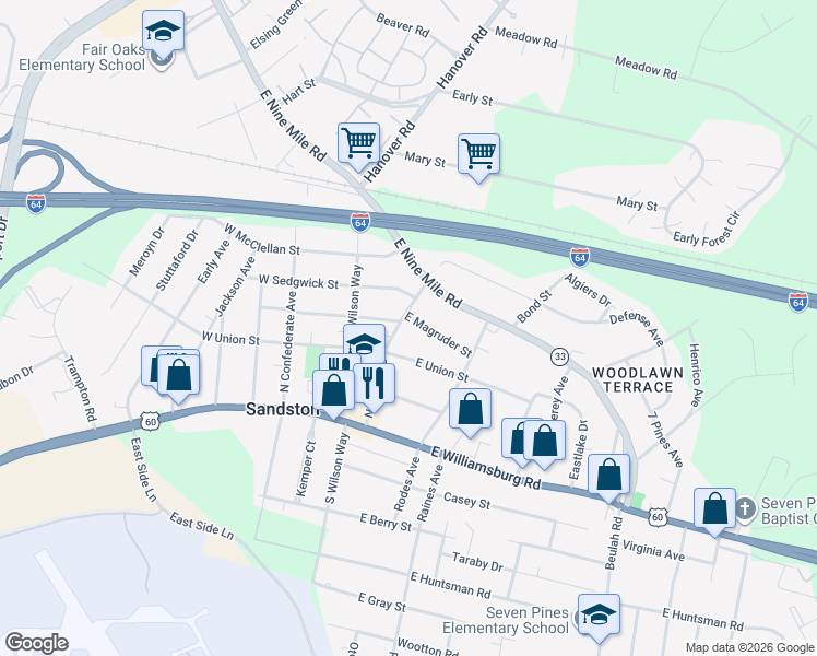 map of restaurants, bars, coffee shops, grocery stores, and more near 102 Naglee Avenue in Sandston