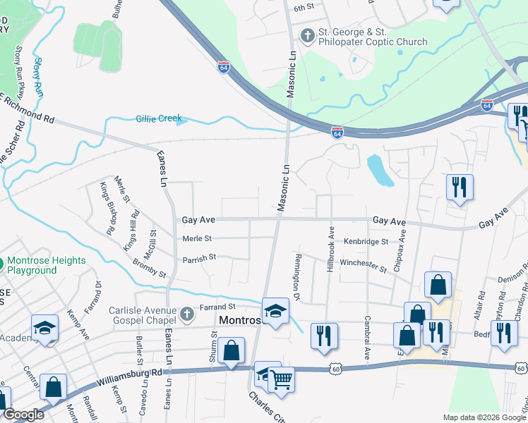 map of restaurants, bars, coffee shops, grocery stores, and more near 2617 Gay Avenue in Richmond