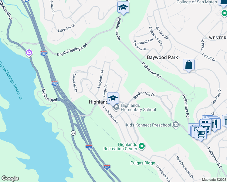 map of restaurants, bars, coffee shops, grocery stores, and more near 1582 Brandywine Road in San Mateo