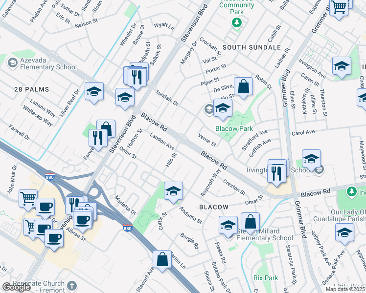 map of restaurants, bars, coffee shops, grocery stores, and more near 40415 Blacow Road in Fremont
