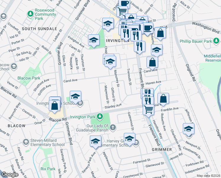 map of restaurants, bars, coffee shops, grocery stores, and more near 41685 Gifford Street in Fremont