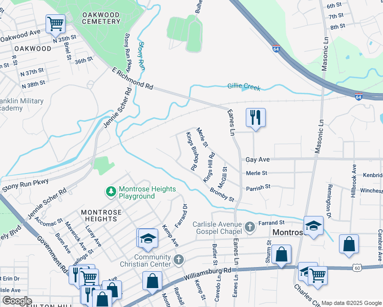 map of restaurants, bars, coffee shops, grocery stores, and more near 4446 Kings Bishop Road in Richmond
