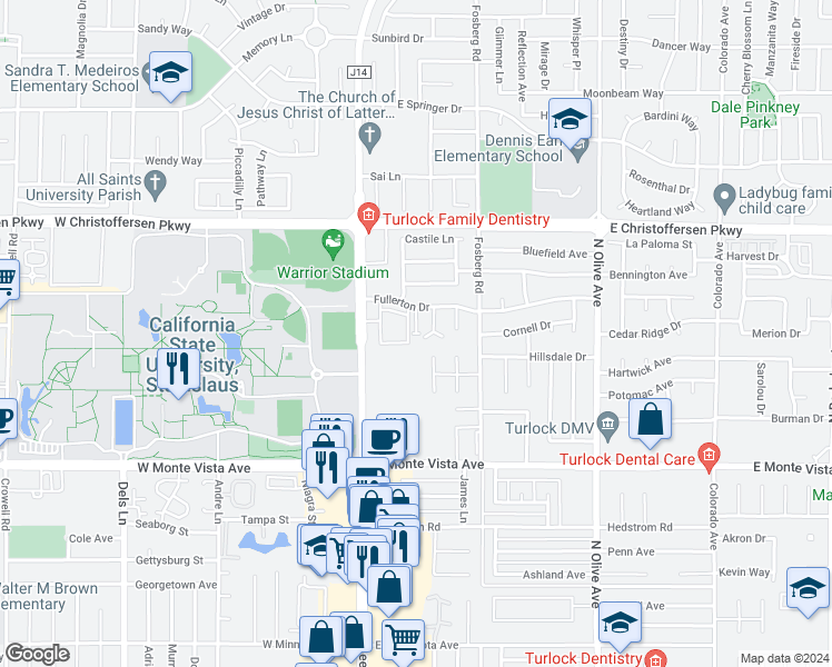 map of restaurants, bars, coffee shops, grocery stores, and more near 3626 Nadia Court in Turlock