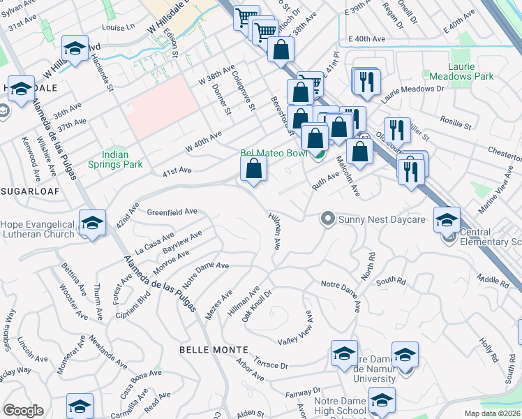 map of restaurants, bars, coffee shops, grocery stores, and more near 1708 Mills Avenue in Belmont