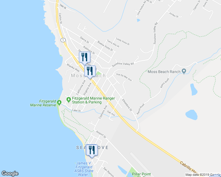 map of restaurants, bars, coffee shops, grocery stores, and more near 560 Terrace Avenue in Moss Beach