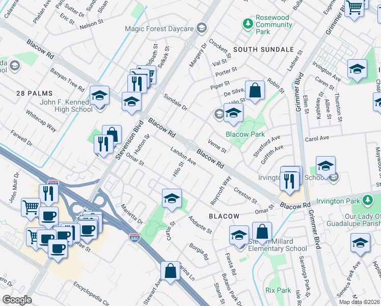 map of restaurants, bars, coffee shops, grocery stores, and more near 40428 Landon Avenue in Fremont