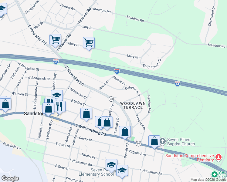 map of restaurants, bars, coffee shops, grocery stores, and more near 2120 East 9 Mile Road in Sandston