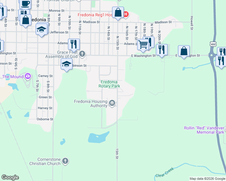 map of restaurants, bars, coffee shops, grocery stores, and more near 377-419 S 15th St in Fredonia