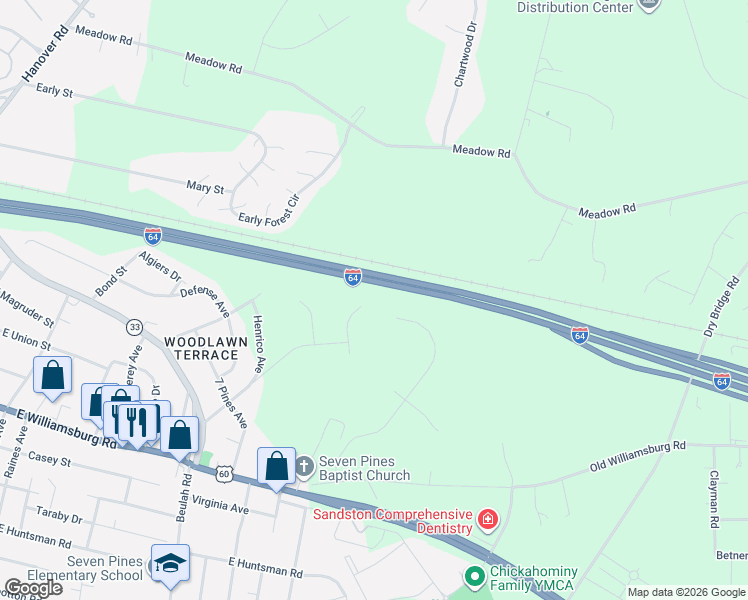 map of restaurants, bars, coffee shops, grocery stores, and more near 2108 Pine Glen Court in Sandston
