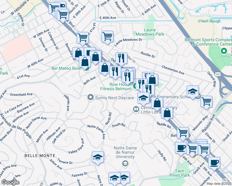 map of restaurants, bars, coffee shops, grocery stores, and more near 300 Davey Glen Road in Belmont