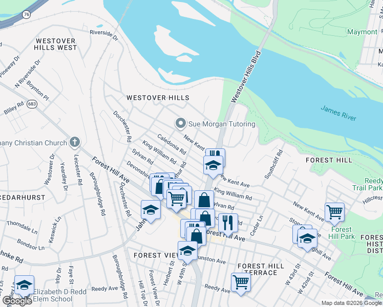 map of restaurants, bars, coffee shops, grocery stores, and more near 5017 Caledonia Road in Richmond