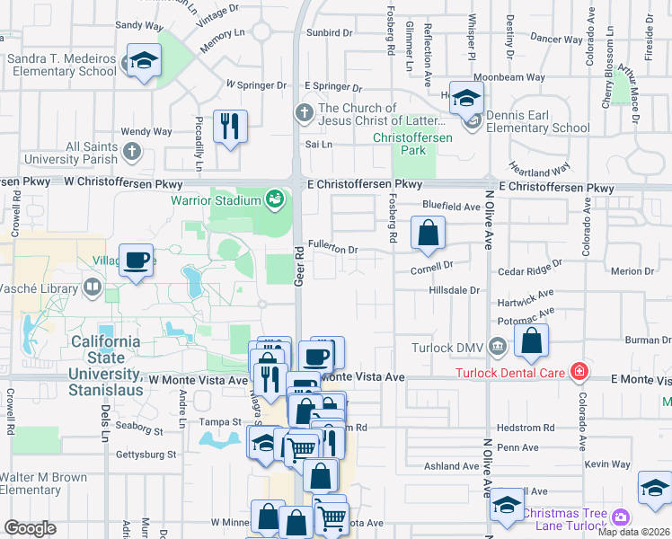 map of restaurants, bars, coffee shops, grocery stores, and more near 3621 Nicole Court in Turlock