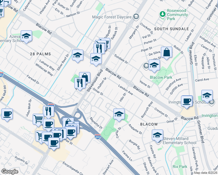 map of restaurants, bars, coffee shops, grocery stores, and more near 5048 Brian Court in Fremont