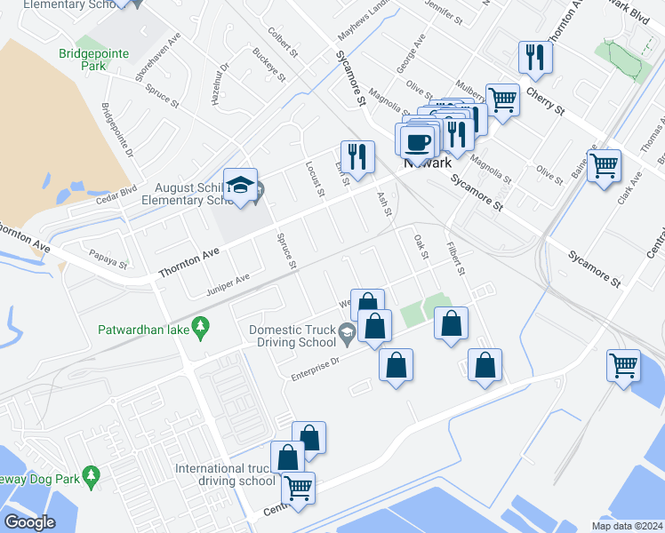 map of restaurants, bars, coffee shops, grocery stores, and more near 37168 Walnut Street in Newark