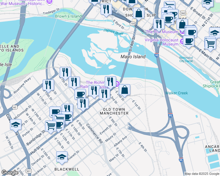 map of restaurants, bars, coffee shops, grocery stores, and more near 7 East 2nd Street in Richmond