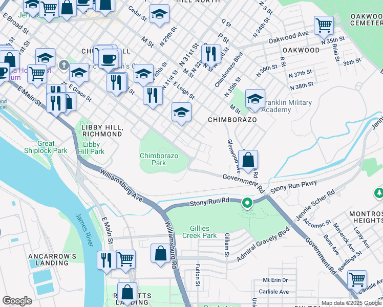 map of restaurants, bars, coffee shops, grocery stores, and more near 3512 East Broad Street in Richmond