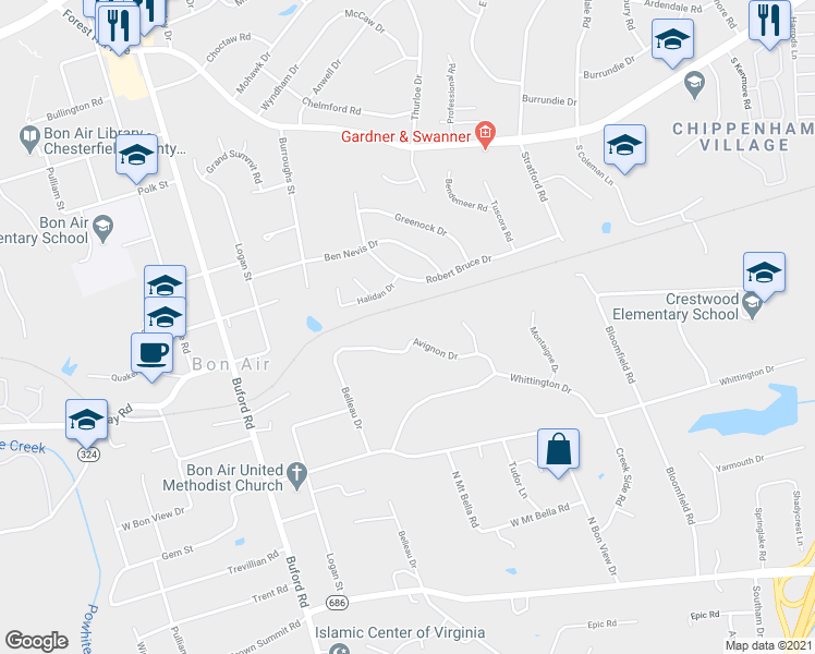 map of restaurants, bars, coffee shops, grocery stores, and more near 8260 Avignon Drive in Richmond