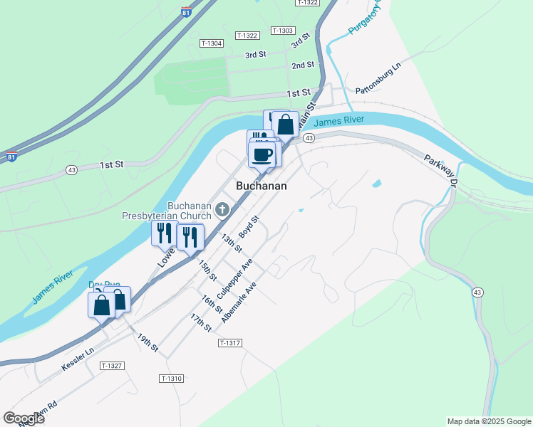 map of restaurants, bars, coffee shops, grocery stores, and more near 342 Boyd Street in Buchanan