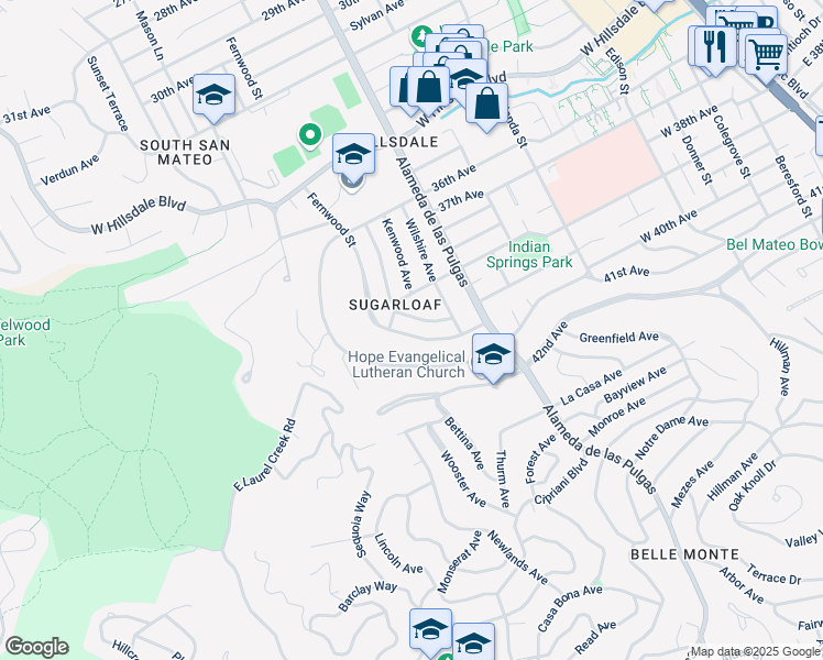 map of restaurants, bars, coffee shops, grocery stores, and more near 3919 Fernwood Street in San Mateo
